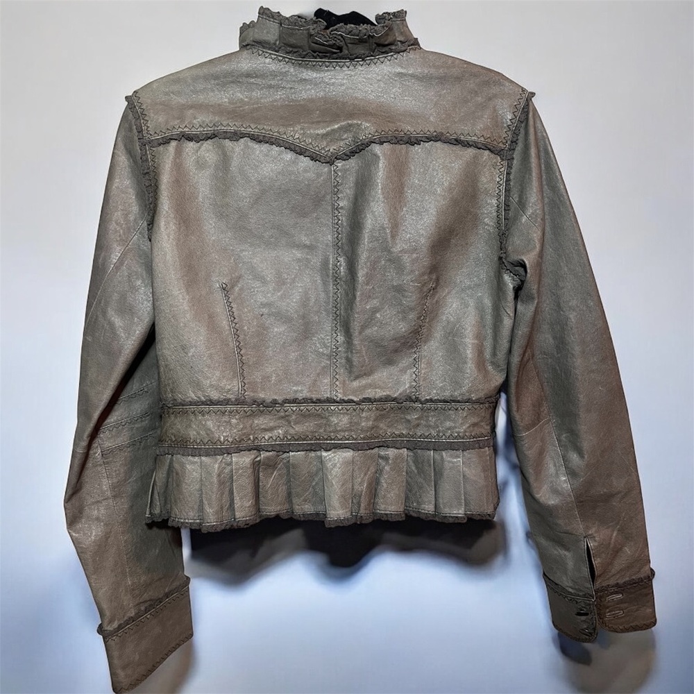 Vintage 90's Y2K Moda International 100% Leather Ruffle Trim Jacket Size Medium - Picture 3 of 11